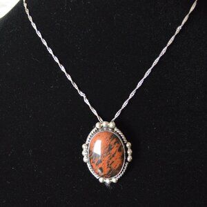 Mexican Sterling Silver and Mahogany Obsidian Pendant Necklace